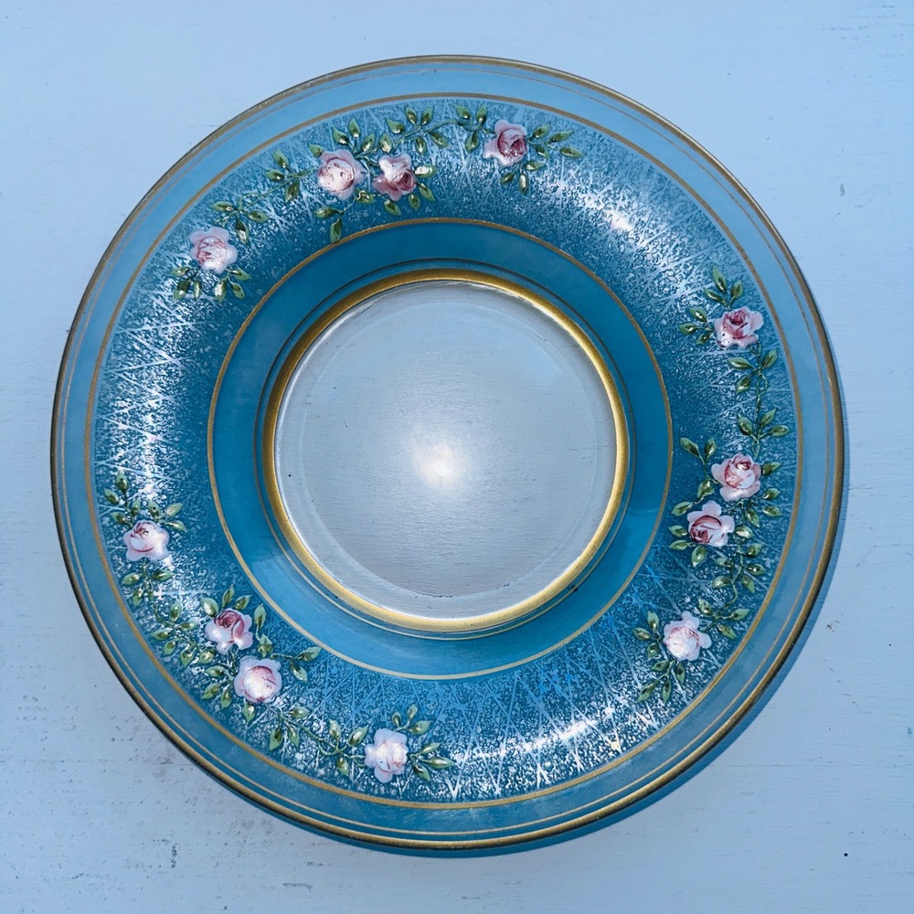 Vintage Blue Glass Plate Pink Rose Floral Hand Painted Gold Trim Lattice Rim